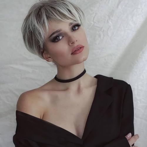 MIMAN Pixie Cut Wig Short Blonde Wigs with Bangs Fluffy Layered Synthetic Hair Replacement Wig Mommy Wigs Short Hair Styles for Women (Blonde Mixed Brown)