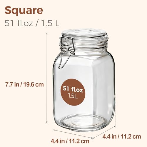 Image of ComSaf Square Glass Canisters 51 oz 3 Pack for Flour Sugar Coffee Pantry | Airtight clamp lids, four labels, 3.3-inch wide mouth for baking staples, tea, herbs, candy, jam, cookie, pantry organization