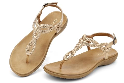 Image of UBFEN Womens Flat Sandals Dress Braided T-Strap Thong Sandals with Arch Support Comfortable for Walking