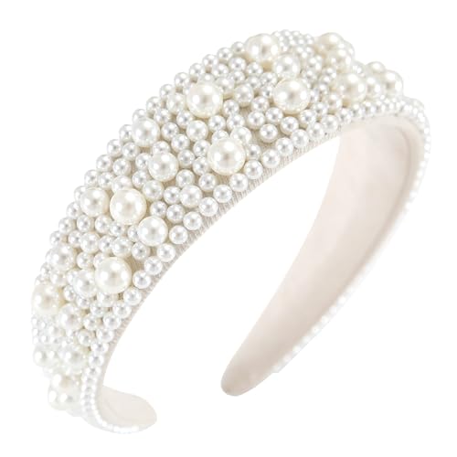 Gmmidea Wide Pearl Headbands for Women Little Girls Beaded Padded Headband Fashion Elegant Bridal Headband Holiday Decorative Hairband Cute Hair Accessories C-White