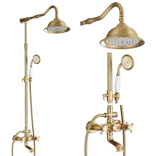 Colonne de Douche Rétro avec Mitigeur Système de Douche Laiton Antique avec 3 Sorties,Douchette de Dessus,Douchette à Main, Baignoire en Rotation à 180°, Réglable en Hauteur(85-135 cm)