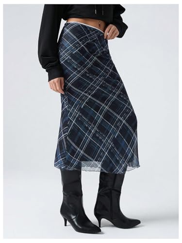 Floerns Women's Plaid Mesh Fishtail Skirt High Waist Lettuce Trim Summer Midi Skirts2
