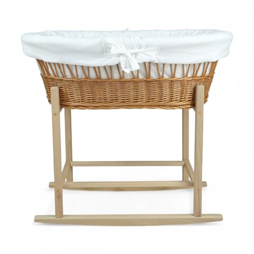 Wiklinopol Couffin Bébé OLIWIA II – Berceau en osier avec support en bois – Ensemble complet avec matelas & linge en mousseline blanc, respirant, lavable & hypoallergénique