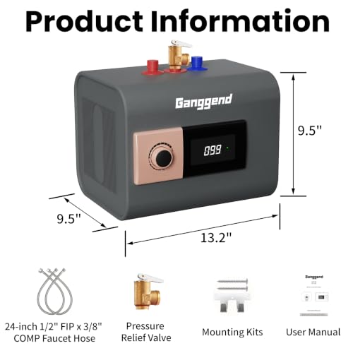 Ganggend 2.5 Gallon Electric Water Heater, 1500W 110V Mini Tank Under Sink Instant Hot Water Heater with Pressure Release Valve, Digital Display for Kitchen, RV, Laundry,Food Truck, Gray by Ganggend - Used condition - Image 2