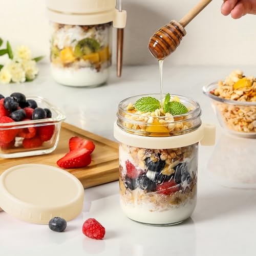 Image of LANDNEOO 4 Pack Overnight Oats Containers with Lids and Spoons, 16 oz Glass Mason Jars with Airtight Lids, Overnight Oats Jars for Milk, Cereal, Fruit-Beige
