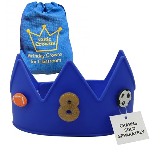 Cutie Crowns Reusable Soft Birthday Crown - Adjustable Silicone Party Hats & Princess Dress Up - Ages 2-10+ BPA Free, Dishwasher Safe, 3 Charm Slots (Blue)