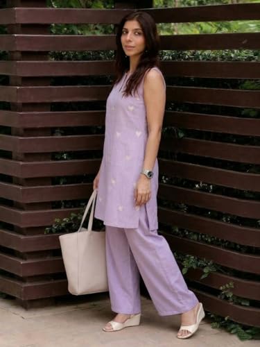 Image of ANNI Designer Kurta Set for Women Cotton Blend Embroidered | Kurti Set for Woman | Farshi Salwar Suit Kurta Palazzo Outfit | Round Neck V Slit Sleeveless Regular Fit Ethnic Dress Stylish Clothing