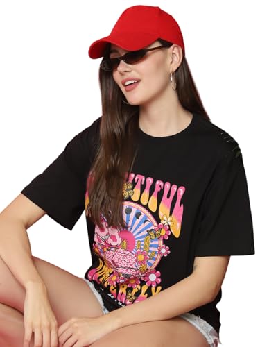 Image of Preneum Women's Cotton Aesthetic & Cool Graphic Printed Baggy Fit Drop-Shoulder Sleeves Cotton Oversized T-Shirt || Printed