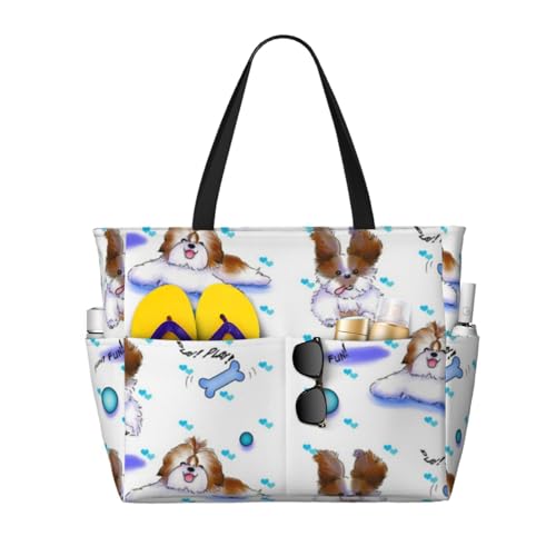 Sac à bandoulière Shih Tzu Rose : grand sac de plage fourre-tout pour femme