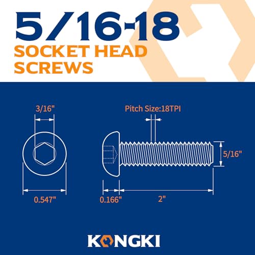 5/16-18 x 2 Button Head Socket Cap Screws, Stainless Steel 18-8(304), Black Oxide, Allen Hex Drive, Full Thread, 20 PCS (with Hex Spanner)