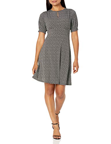 Amazon Brand - Lark & Ro Women s Puff Sleeve Crew Neck Fit and Flare Dress, Black Ivory Mini Scattered Petals, 16