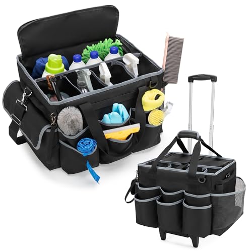 HODRANT Large Cleaning Caddy with Detachable Trolley & Shoulder Strap, Cleaning Supplies Bag with Support Plates All-around & Pockets, Rolling Cleaning Organizer Bag for Housekeeping and Car Wash