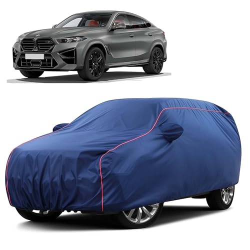 Image of Sulfar 100% Water Resistant Car Body Cover Compatible with Mirror for BMW X6M (Triple Stitched, Full Bottom Elastic, Blue Taffeta with Red Piping)