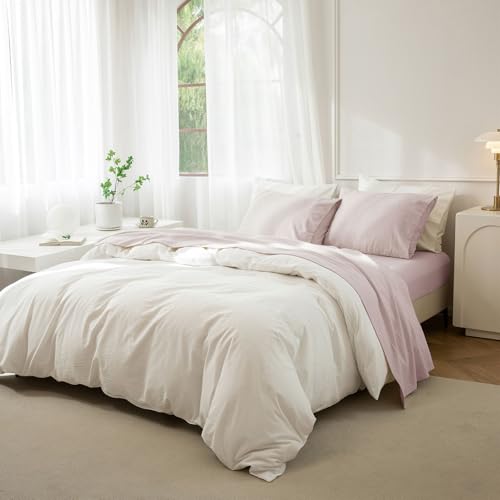 JIYUAN Twin Size Sheet Set, 3-Piece - 100% Washed Cotton, Linen-Like Soft & Breathable, Includes Deep Pocket Fitted & Flat Sheet with 1 Pillowcases, Hotel Quality, Heathered Greyish Pink — view 2