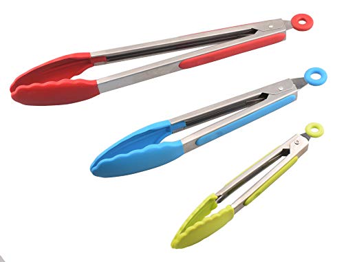 Vhabob Kitchen Tongs, Set of 3-7, 9, 12 Inch, Stainless Steel Food Tongs with Silicone Tips for Barbecue, Salad, Grilling, Frying, Cooking (Multi)