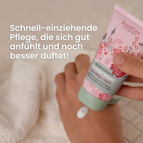 Jean & Len Handcreme Pfingstrose & Litschi, spendet normalen & trockenen Händen Feuchtigkeit, mit Provitamin B5, Shea- und Kakaobutter, vegane Handpflege, ohne Parabene & Silikone, 75 ml – Bild 5