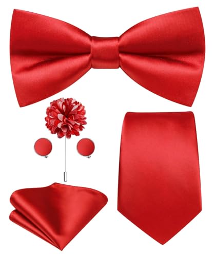 Image of Hi-Tie 5Pcs Mens Solid Color Silk Tie Satin Pretied Bowtie Lapel Pin for Men Handkerchief Cufflink Wedding Gift Box