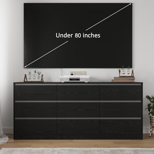 Mekminop 70.9\" W Long Bedroom Dresser with 9 Drawers, Wooden Chest of 9 Drawers with Large Capacity Storage, Modern Handle Free Black 9 Drawer Dressers for Living Room (15.7\" D x 70.9\" W x 31.3\" H)