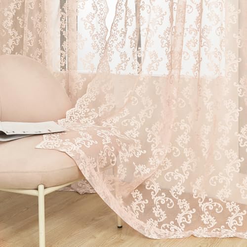 Blush Pink Lace Curtains 96 Inches Long 2 Panels Vintage Paisley Floral Sheer Curtains for Living Room Bedroom Victorian Crochet Curtains Rod Pocket Light Filtering French Window Drapes, 52x96