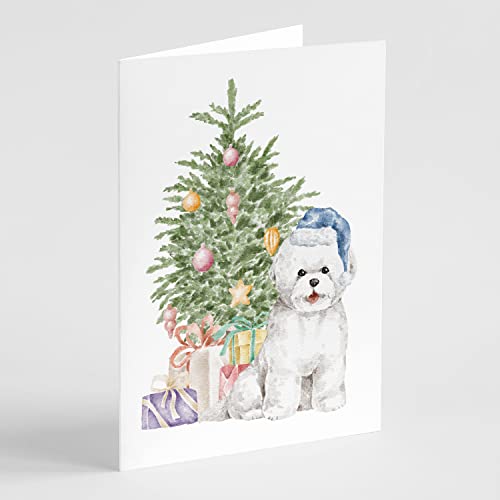 Caroline's Treasures CK8252GCA7P Bichon Frise Blue Hat Christmas Presents and Tree Greeting Cards and Envelopes Pack of 8 Blank Cards with Envelopes Whimsical A7 Size 5x7 Blank Note Cards