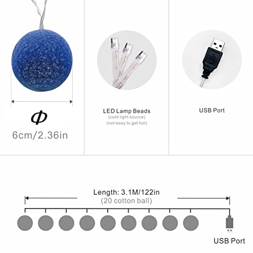 Padwa Lifestyle Cotton Ball String Lights, 3.1M/10.2Ft 20 Leds Usb Powered Cotton Ball Fairy Lights For Bedroom, Party, Indoor, Wedding, Festival Decor (Blue Tones) #TOP7