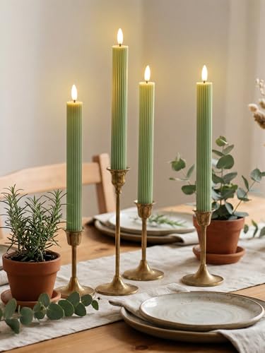 Image of Treela 24 Pcs Flameless Taper Candles Battery Operated ulkB Fake Candles Light LED Candle Sticks Flickering Tapered for Wedding Anniversary Holiday Decoration(Vertical Stripes,10 Inch,Dark Green)