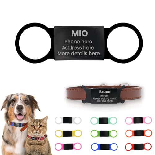 Mio Crafts Personalized Slide-On Silicone & Metal Pet ID Tag for Dogs & Cats – Custom Engraved Dog Tag & Cat Tag, Silent, Durable, and Secure Fit (Black Metal)