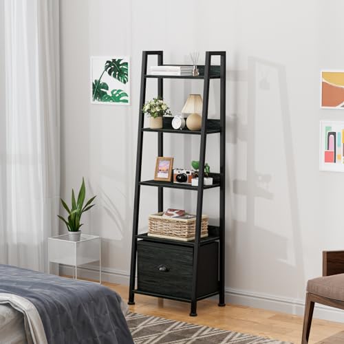 Image of Furologee 5-Tier Ladder Shelf, Narrow Ladder Bookshelf with Drawer, 55.6 inchTall Industrial Bookcase Storage Rack Organizer, Freestanding Storage Shelve for Living Room, Home Office, Bedroom, Black Oak