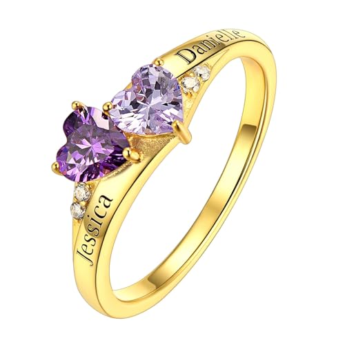 Custom4U Personalized Engagement Ring with 2 Heart Shaped Birthstones, 18K Gold Plated 925 Sterling Silver Finger Ring for Couple Customized Gift for Valentine's Day