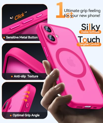 CANSHN Magnetic for iPhone 16 Case, Upgraded [Full Camera Protection] [Compatible with Magsafe] [Translucent Matte] Shockproof Protective Phone Case for iPhone 16 - Hot Pink