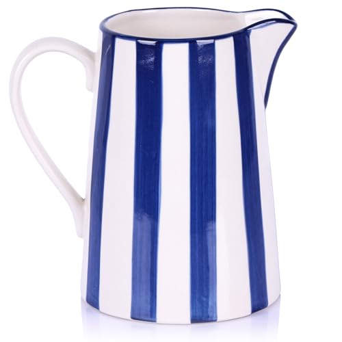 oliruim Vaso Fiori in Ceramica Moderno, Brocca Centrotavola Design con Manico - Dipinto a Mano Stile Bohémien per Decorazioni Interni, Fattoria, Cucina, Scrivania, Strisce Blu e Bianco