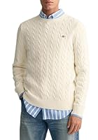 GANT Men's Cotton Cable C-Neck Sweater, Cream, XS