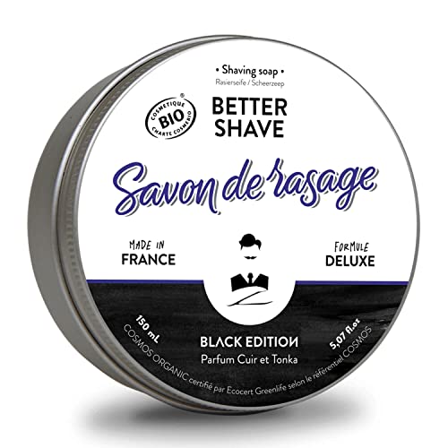 Savon de Rasage 100% Naturel & Français de Monsieur BARBIER | Black Edition TONKA | Le Savon à Barbe traditionnel par excellence | À base de Beurre de Karité et de Noix de Coco | BIO et VEGAN | 150mL