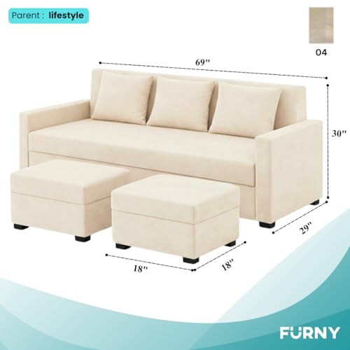 Image of FURNY Lily 3 Seater Fabric Sofa Set with 2 Ottomans (Cream) with Velvet Finish | Durable Comfort | Ideal for Living Room