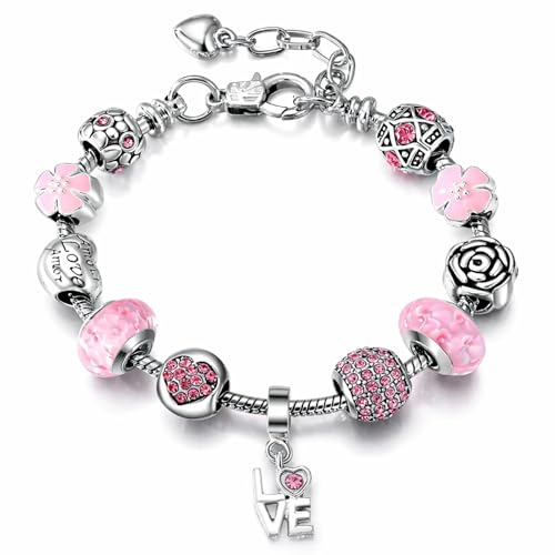 Love Charm Bracelet for Women by Ginger Lyne | Adjustable 9 Inch Valentine Themed Beads and Charms Alloy and Enamel Fashion Jewelry | Hearts Gift for Her