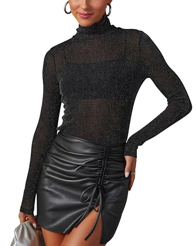 Mujer Tops de Malla Transparente con Purpurina Camiseta Transparente de Manga Larga Sexy Tops