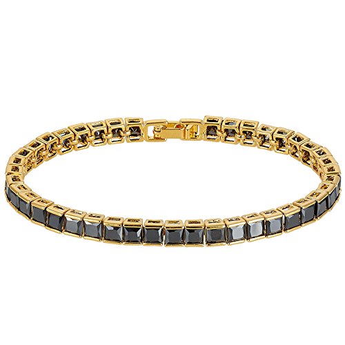 RIZILIA Tennis Bracelet & Square Cut CZ [Simulated Black Onyx] in Yellow Gold Plated, 7"2