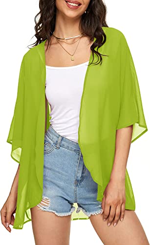 Image of Indian Trendy Women's Solid Puff Sleeve Kimono Cardigan Loose Cover Up Casual Blouse Top Chiffon