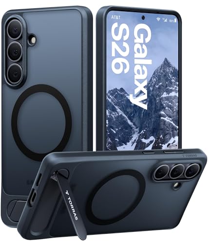 Image of TORRAS Ostand L1 Guardian Original Imported S26 Case, Built-in Magnetic Stand, MagSafe Compatible, Mil-Grade Drop Tested, Translucent Galaxy S26 Back Cover, Black Edge