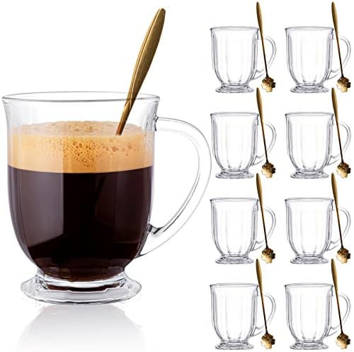 Glass Coffee Mugs Set of 8, Claplante 15 oz Large Capacity Glass Coffee Mugs with Handles, Clear Coffee Mug with 8 Spoon , Large Glass Mugs, Glass Coffee Cups for Latte, Espresso Coffee, Juice, Tea