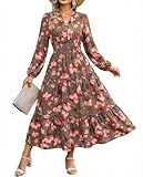 Women Long Sleeve Midi Dress, Boho Floral Casual Flowy A Line Dresses, Spring Elegant Classy Dress with Pocket Green Orange