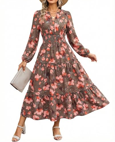 Women Long Sleeve Midi Dress, Boho Floral Casual Flowy A Line Dresses, Spring Elegant Classy Dress with Pocket Green Orange