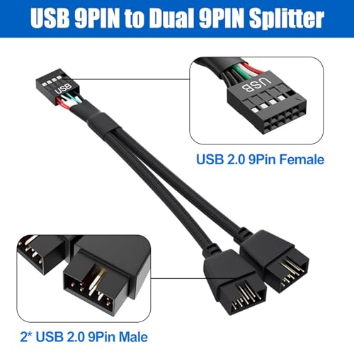 Image of 2PCS Motherboard USB Header Splitter - USB 2.0 to Dual 9 Pin Extension Cable, Internal USB Splitter for PC Internal Computer Motherboard (Black-6.3inch)