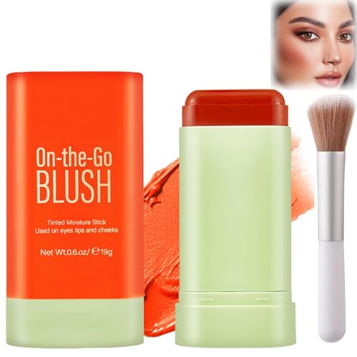 3-in-1 Cream Blush Stick for Cheeks, Lips & Eyes – Long-Lasting Waterproof Lightweight Makeup Stick for Natural Glow, Multi-Use Cheek Tint & Highlighter, Easy Blendable Formula (Coral Orange)