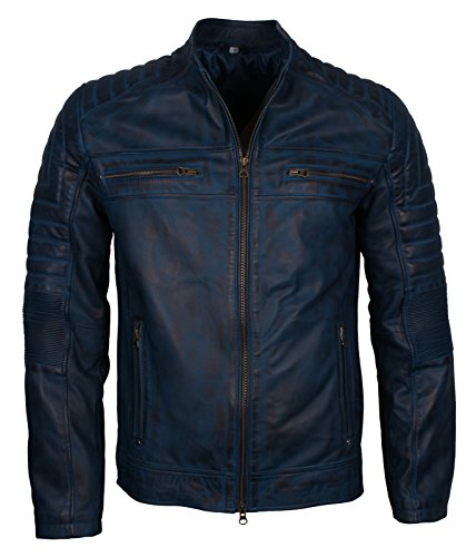 Mens Casual Stand Collar Café Racer Slim Fit Leather Jacket Biker Motorcycle Jacket