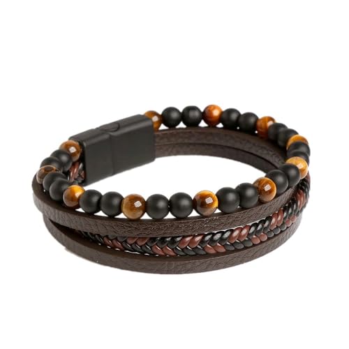 Mens Tiger Eye Black Obsidian Lava Rock Lapis Lazuli Stone Beaded Bracelet,Wrap Braided Leather Cuff Bangle Bracelet for Men,Stainless Steel Clasp (19cm, Coffee)