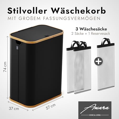 Amara Home & Living - 155 L Wäschekorb Mit Deckel - Extra Stabiler Wäschesammler-Aufbewahrungskorb Mit 2 Fächern - Faltbar (Schwarz)
