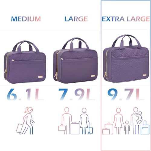 Image of NISHEL Travel Toiletry Bag for women, Portable Hanging Organizer for Family-Sized Shampoo, Conditioner, Brushes Set, Makeup Accessories, Extra Large Size, Purple
