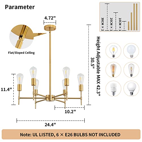 Sputnik Chandeliers Gold, 6-Light Brushed Brass Modern Pendant Lighting, Industrial Vintage Ceiling Light Fixture For Farmhouse Living Room Dining Room Kitchen Bedroom(Metal, Height Adjustable) #TOP2