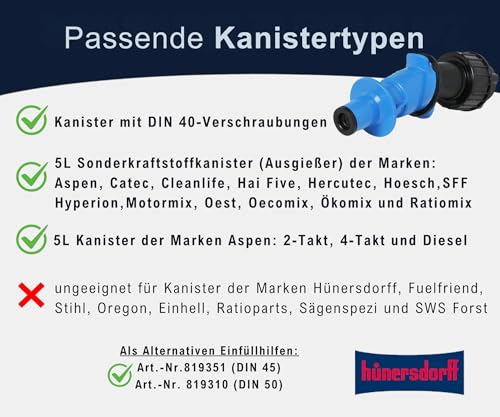 hünersdorff Einfüllhilfe für Kanister mit DIN 40-Verschraubungen, HD-PE, mit Überwurfmutter und Adapter auf Verschluss, schwarz/hellblau